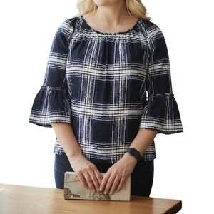 Hannah Woman Navy Blue Plaid Bell Sleeve Peasant Blouse Top Plus Size 2X
